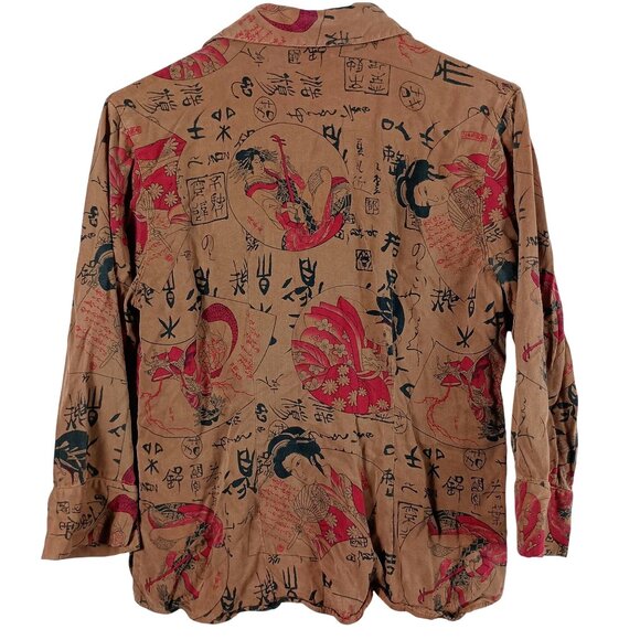 Tianello Art to Wear Shirt Womens S Brown Asian Print Tencel 3/4 Sleeve USA Made - Picture 2 of 12
